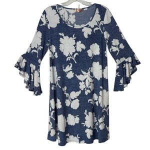 SJS Floral On Blue‎ Faux Denim Style Flounce Sleeve Knee Length Womans L Dress